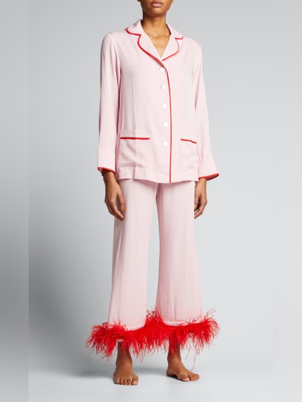 Sleeper Party Pajama Set Pink with Red Feather Trim XS EUC